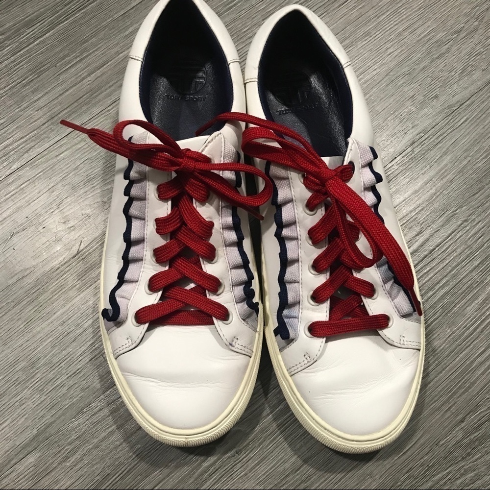 Tory‎ Burch Sport White Leather Sneakers w/ Ruffle